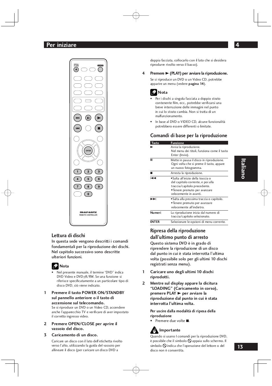 4per iniziare, It aliano, Lettura di dischi | Comandi di base per la riproduzione | Marantz DV4001N User Manual | Page 167 / 358