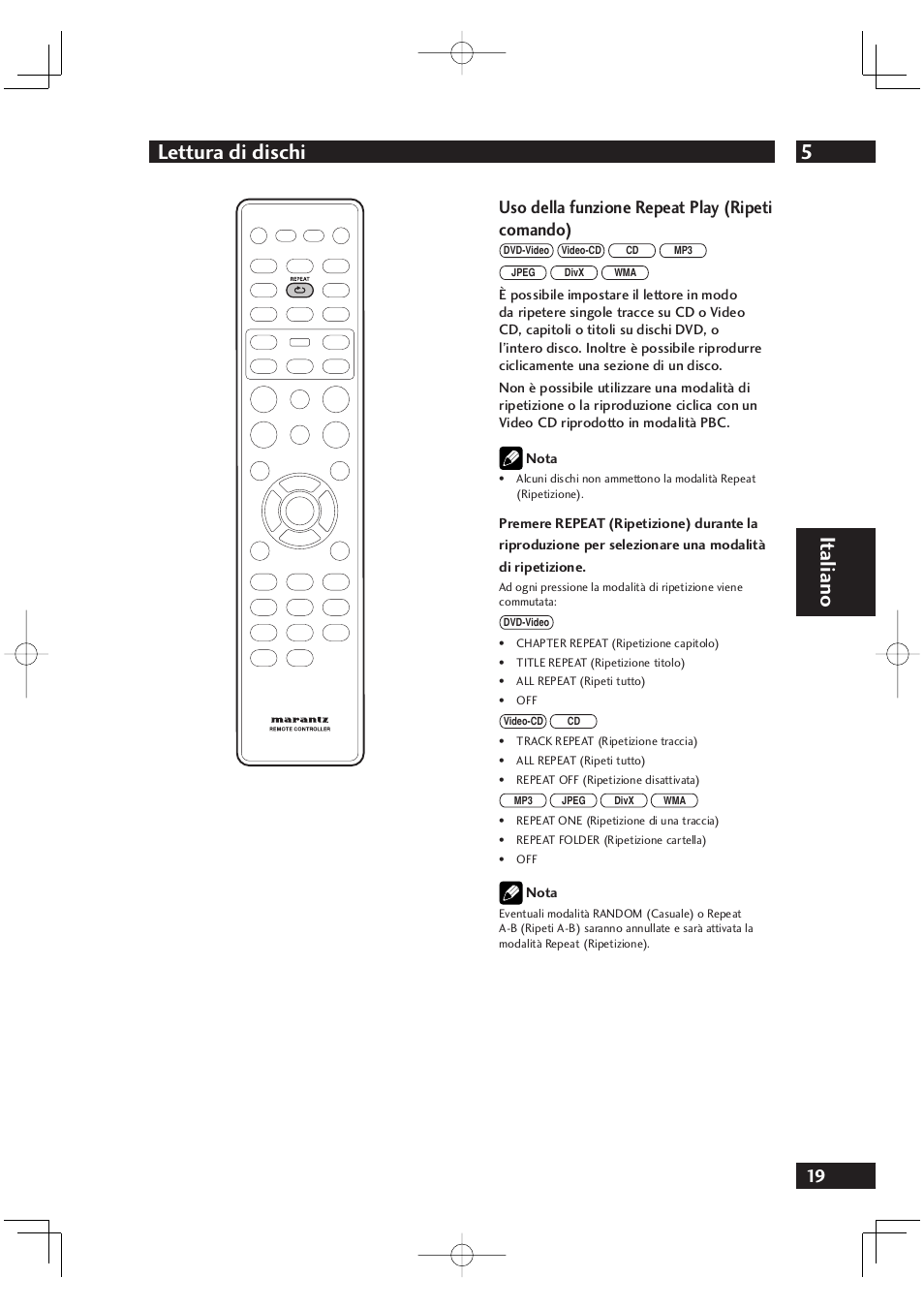 5lettura di dischi, It aliano, Uso della funzione repeat play (ripeti comando) | Marantz DV4001N User Manual | Page 173 / 358