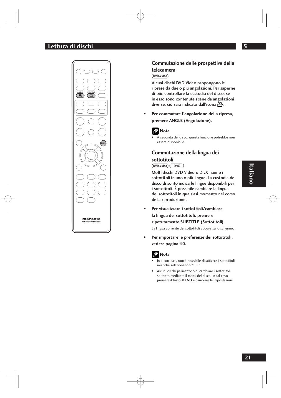 5lettura di dischi, It aliano, Commutazione delle prospettive della telecamera | Commutazione della lingua dei sottotitoli | Marantz DV4001N User Manual | Page 175 / 358
