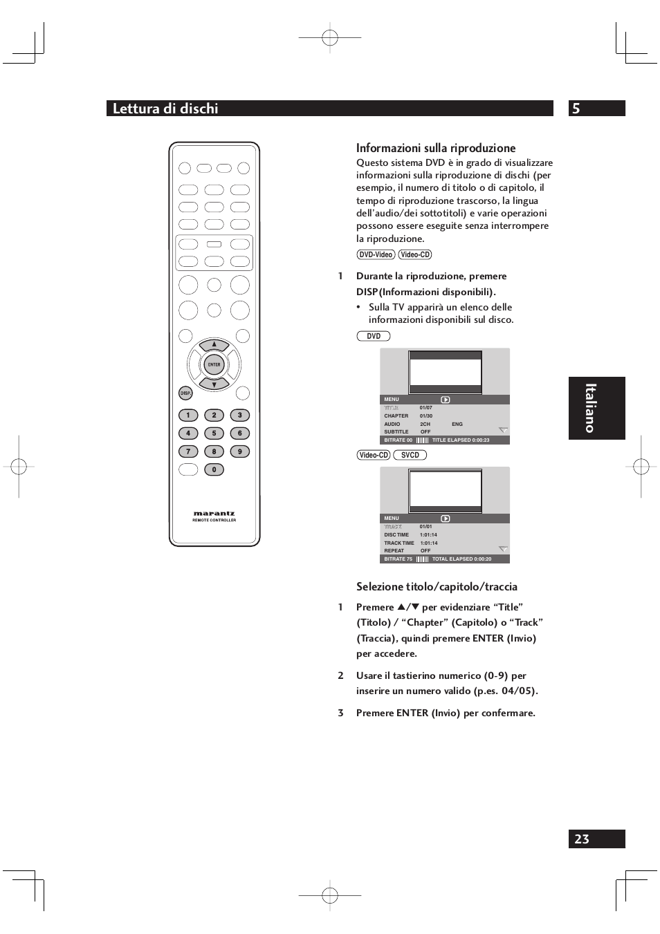 5lettura di dischi, It aliano, Informazioni sulla riproduzione | Selezione titolo/capitolo/traccia | Marantz DV4001N User Manual | Page 177 / 358