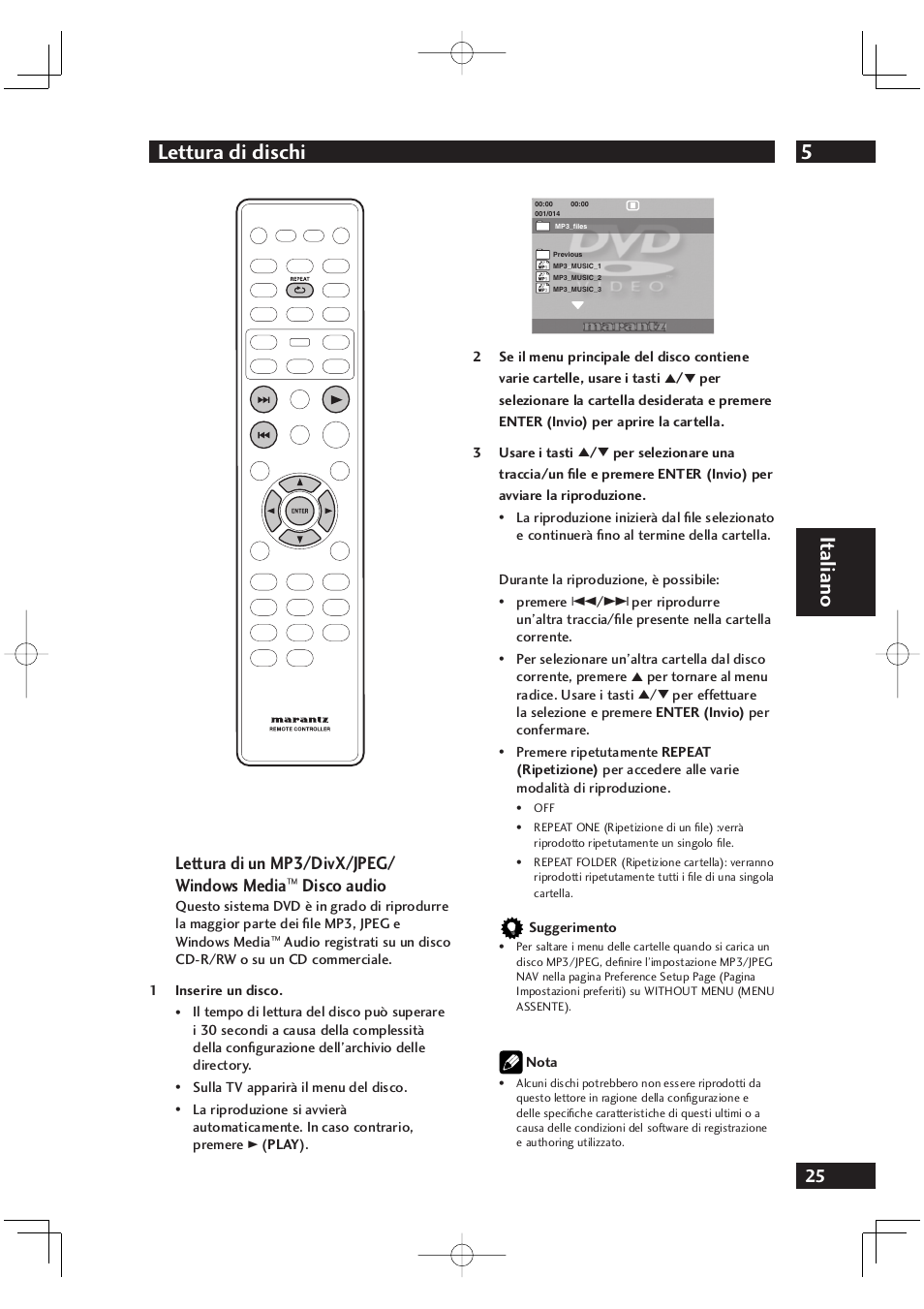 5lettura di dischi, It aliano, Lettura di un mp3/divx/jpeg/ windows media | Disco audio | Marantz DV4001N User Manual | Page 179 / 358