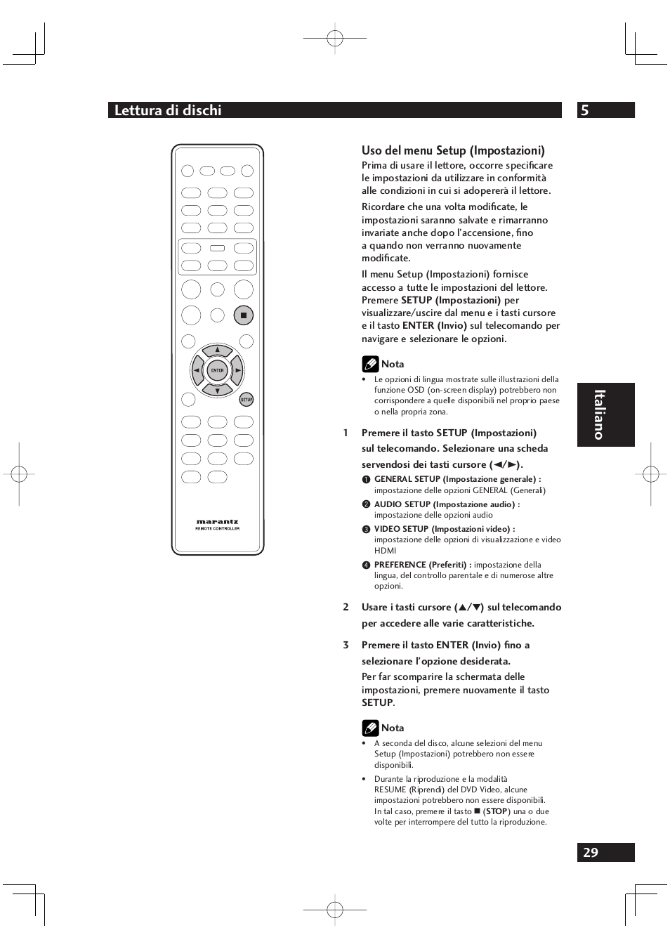 5lettura di dischi, It aliano, Uso del menu setup (impostazioni) | Marantz DV4001N User Manual | Page 183 / 358
