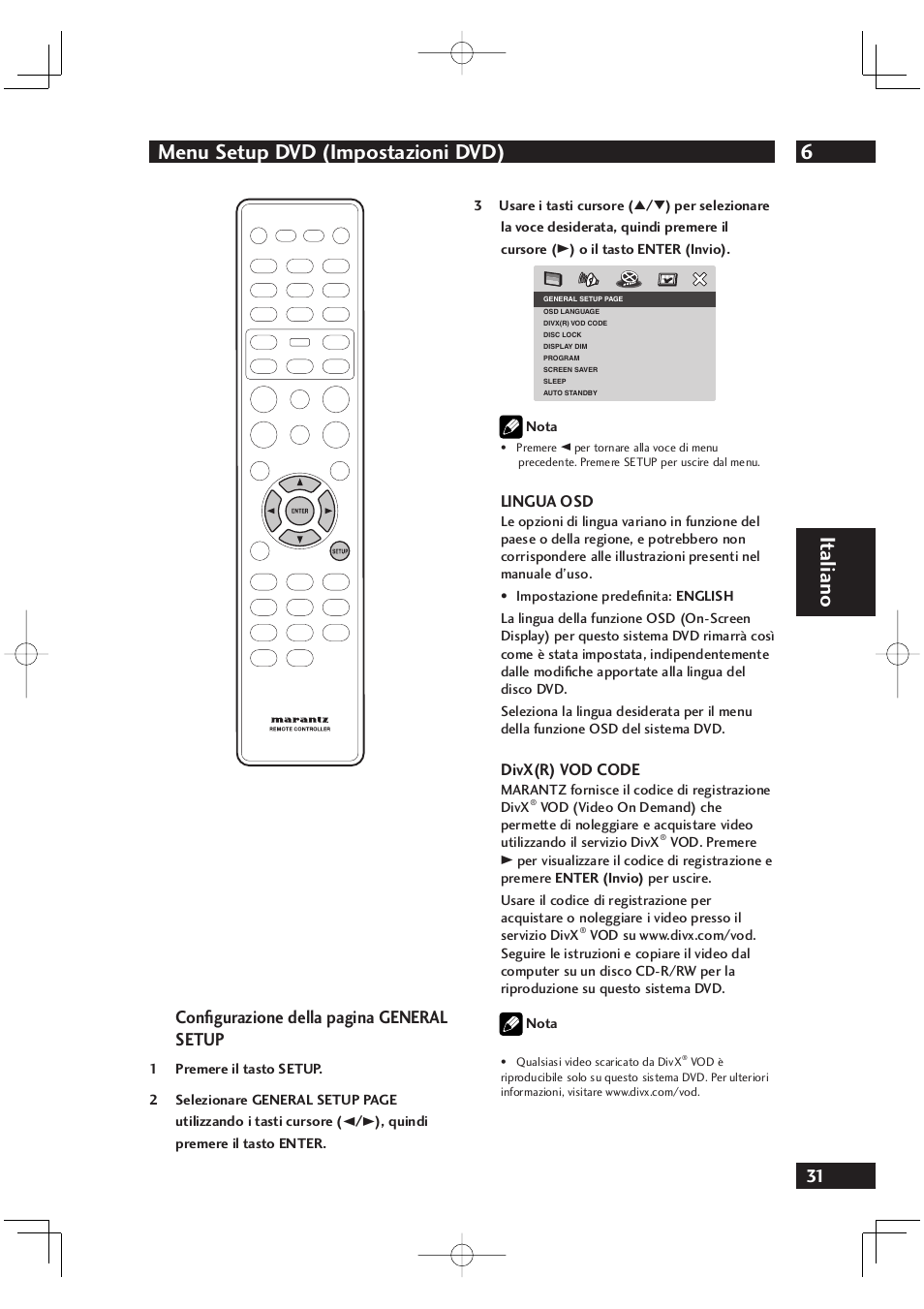 6menu setup dvd (impostazioni dvd), It aliano, Conﬁ gurazione della pagina general setup | Lingua osd, Divx(r) vod code | Marantz DV4001N User Manual | Page 185 / 358