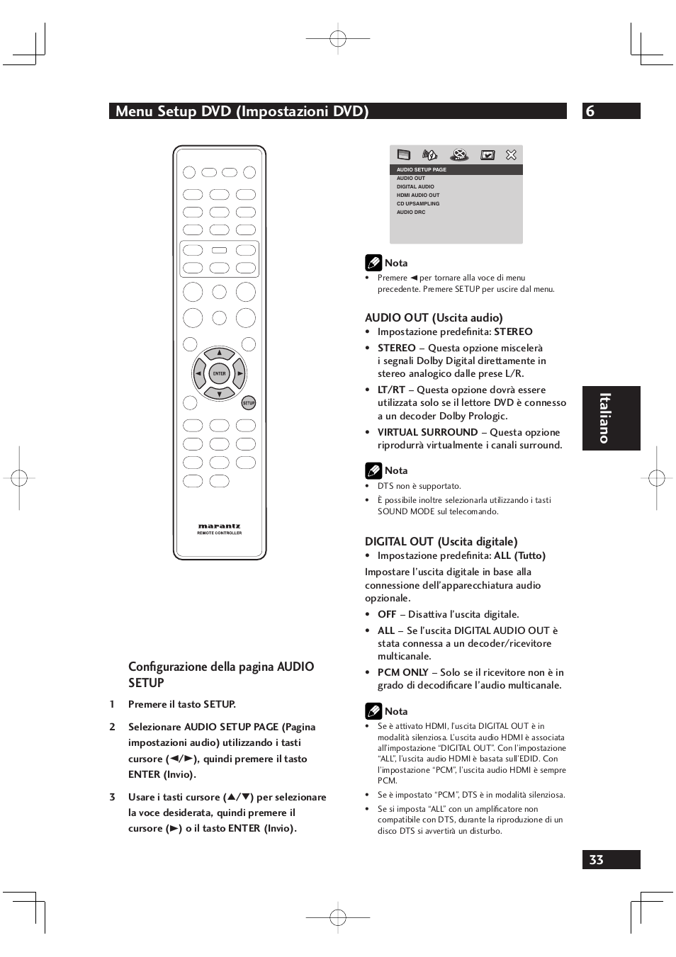 6menu setup dvd (impostazioni dvd), It aliano, Conﬁ gurazione della pagina audio setup | Marantz DV4001N User Manual | Page 187 / 358