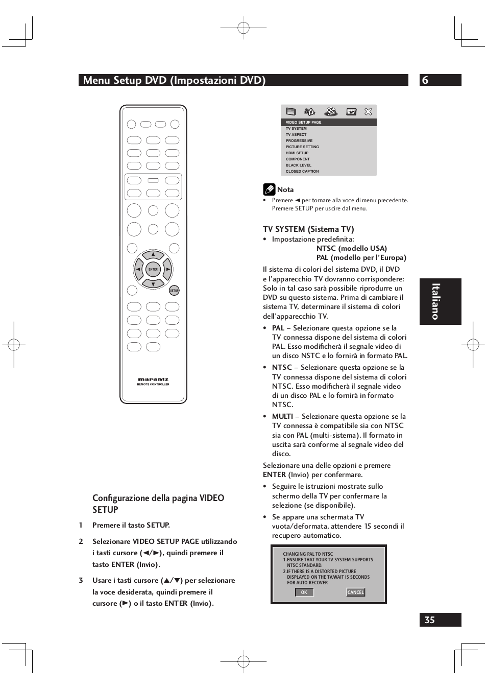 6menu setup dvd (impostazioni dvd), It aliano, Conﬁ gurazione della pagina video setup | Tv system (sistema tv) | Marantz DV4001N User Manual | Page 189 / 358
