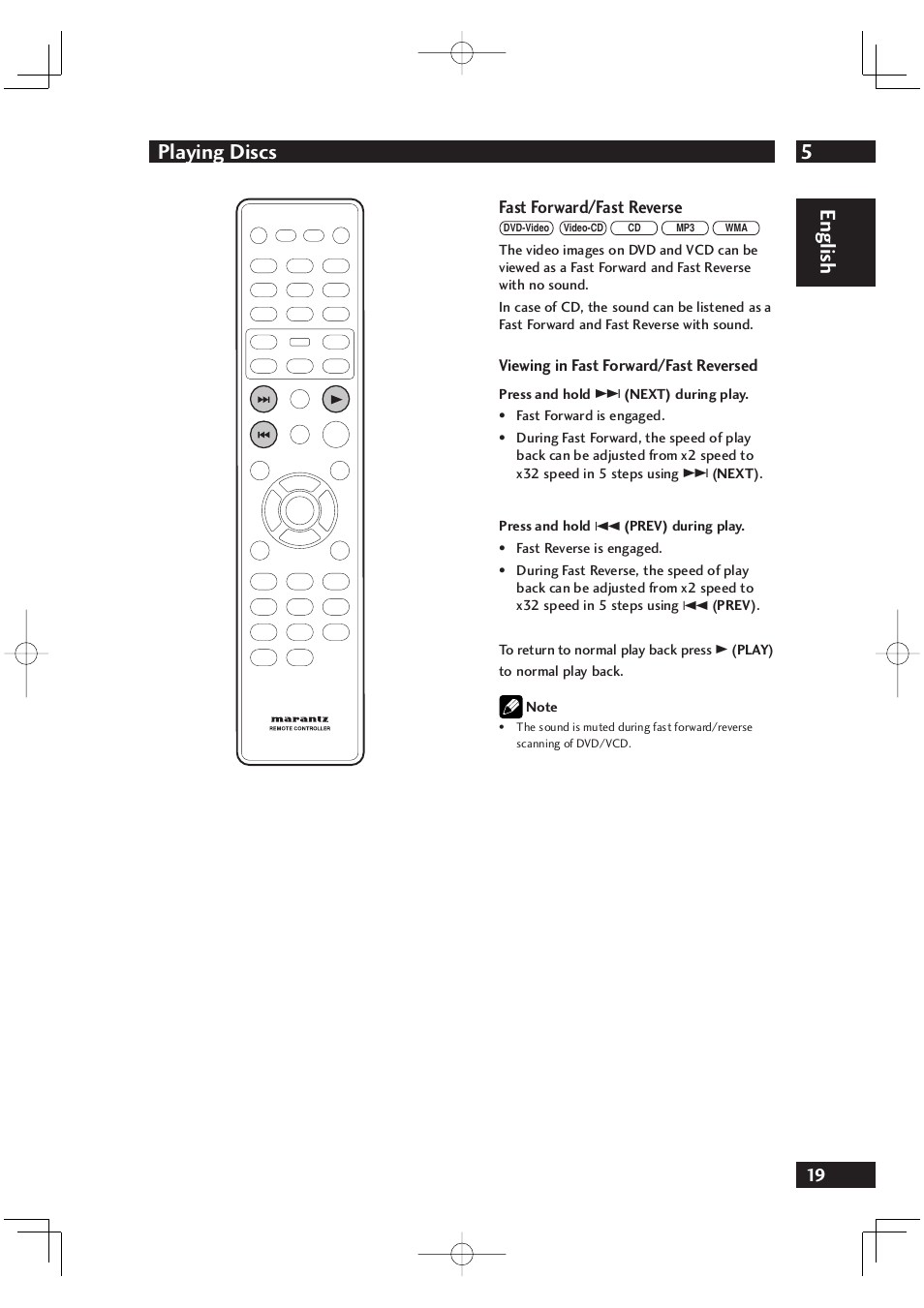 5playing discs, English, Fast forward/fast reverse | Marantz DV4001N User Manual | Page 19 / 358