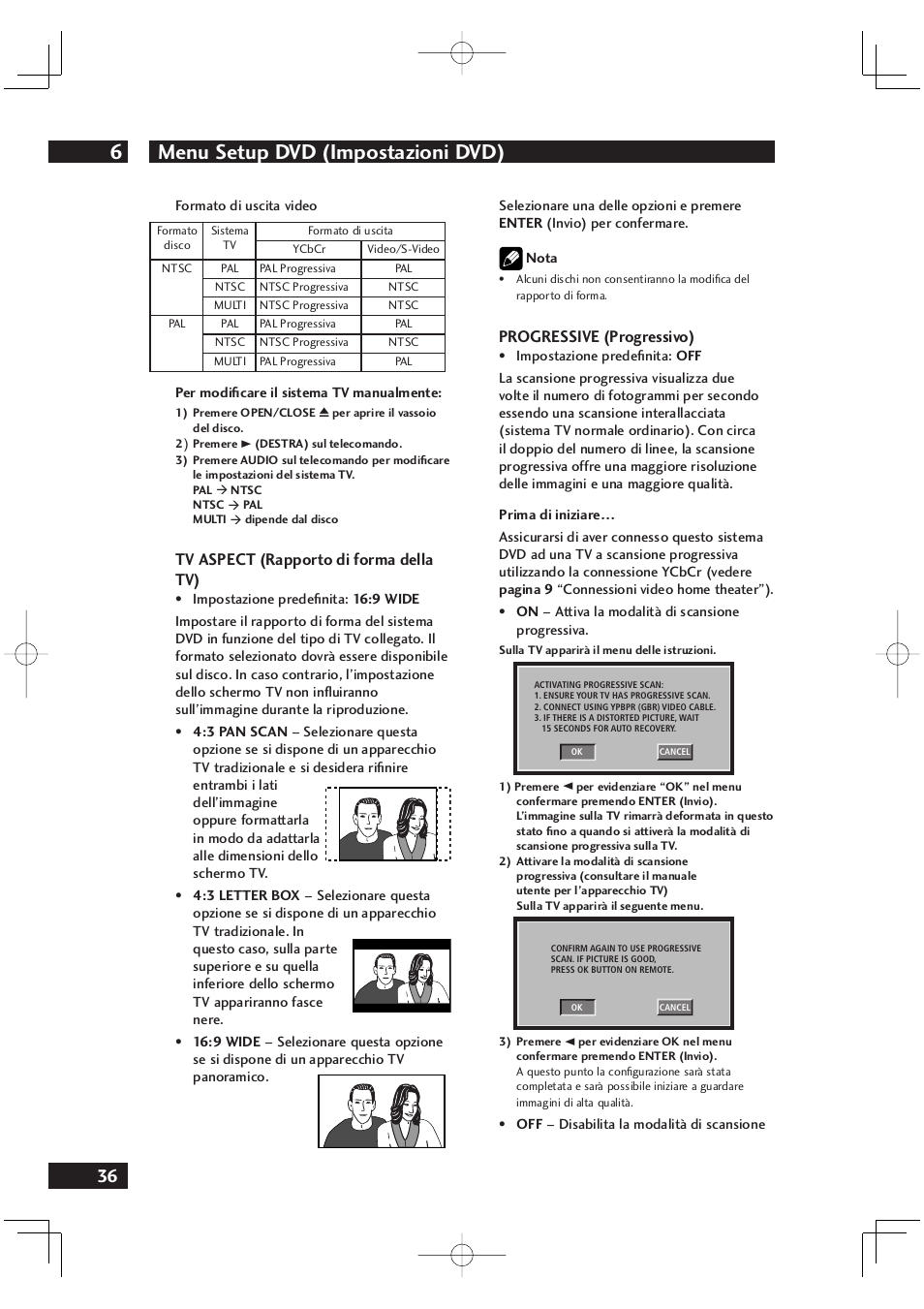 Menu setup dvd (impostazioni dvd) 6, Tv aspect (rapporto di forma della tv), Progressive (progressivo) | Marantz DV4001N User Manual | Page 190 / 358