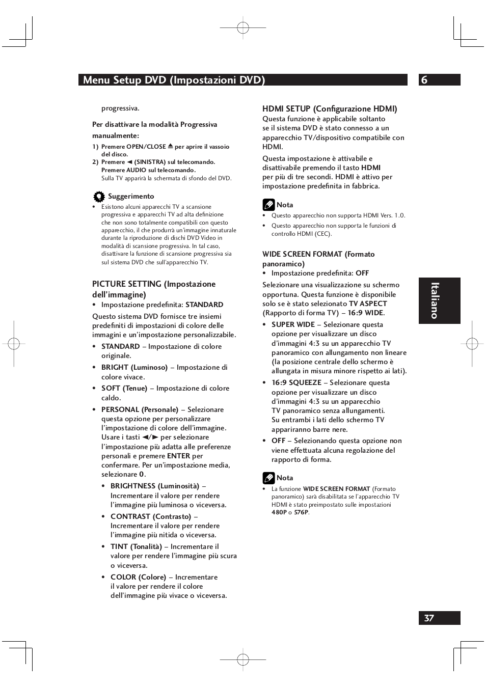 6menu setup dvd (impostazioni dvd), It aliano | Marantz DV4001N User Manual | Page 191 / 358