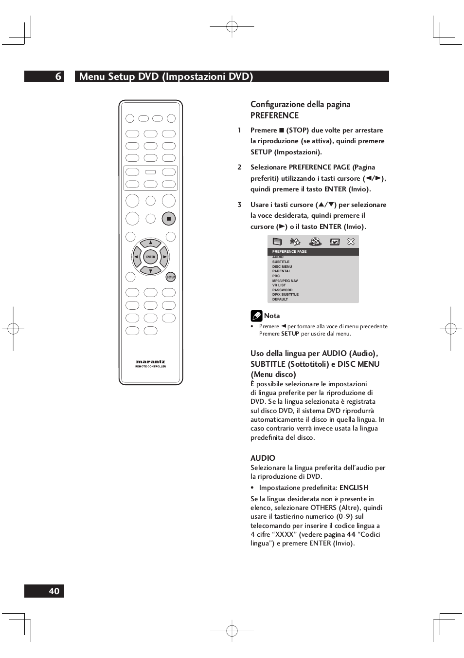 Menu setup dvd (impostazioni dvd) 6, 40 conﬁ gurazione della pagina preference | Marantz DV4001N User Manual | Page 194 / 358