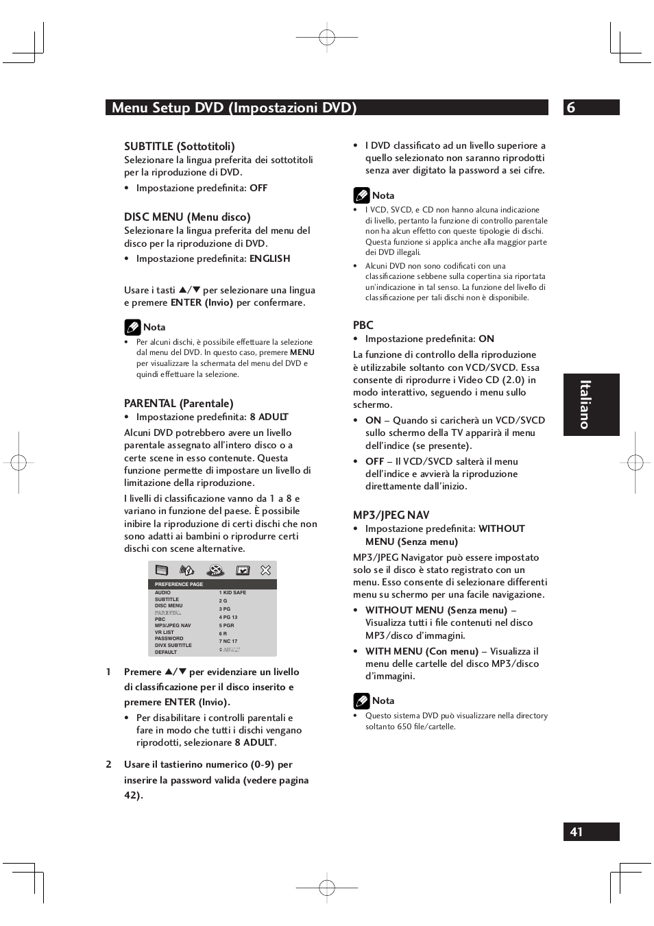 6menu setup dvd (impostazioni dvd), It aliano | Marantz DV4001N User Manual | Page 195 / 358