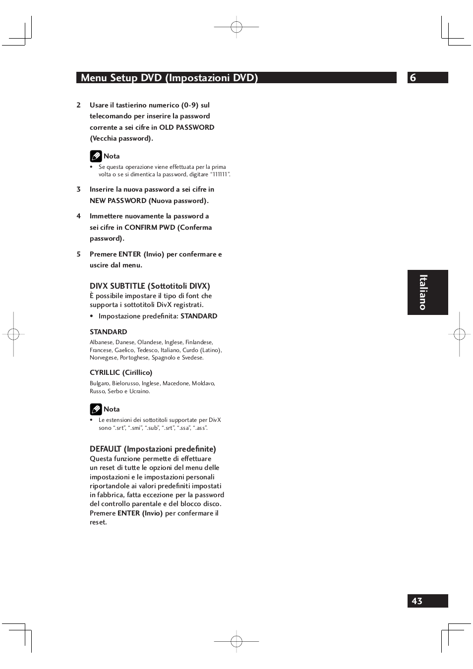 6menu setup dvd (impostazioni dvd), It aliano | Marantz DV4001N User Manual | Page 197 / 358