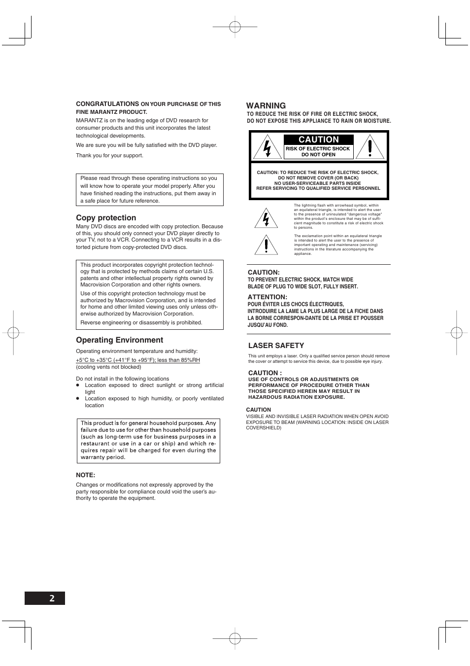 Caution, Operating environment, Warning | Copy protection | Marantz DV4001N User Manual | Page 2 / 358