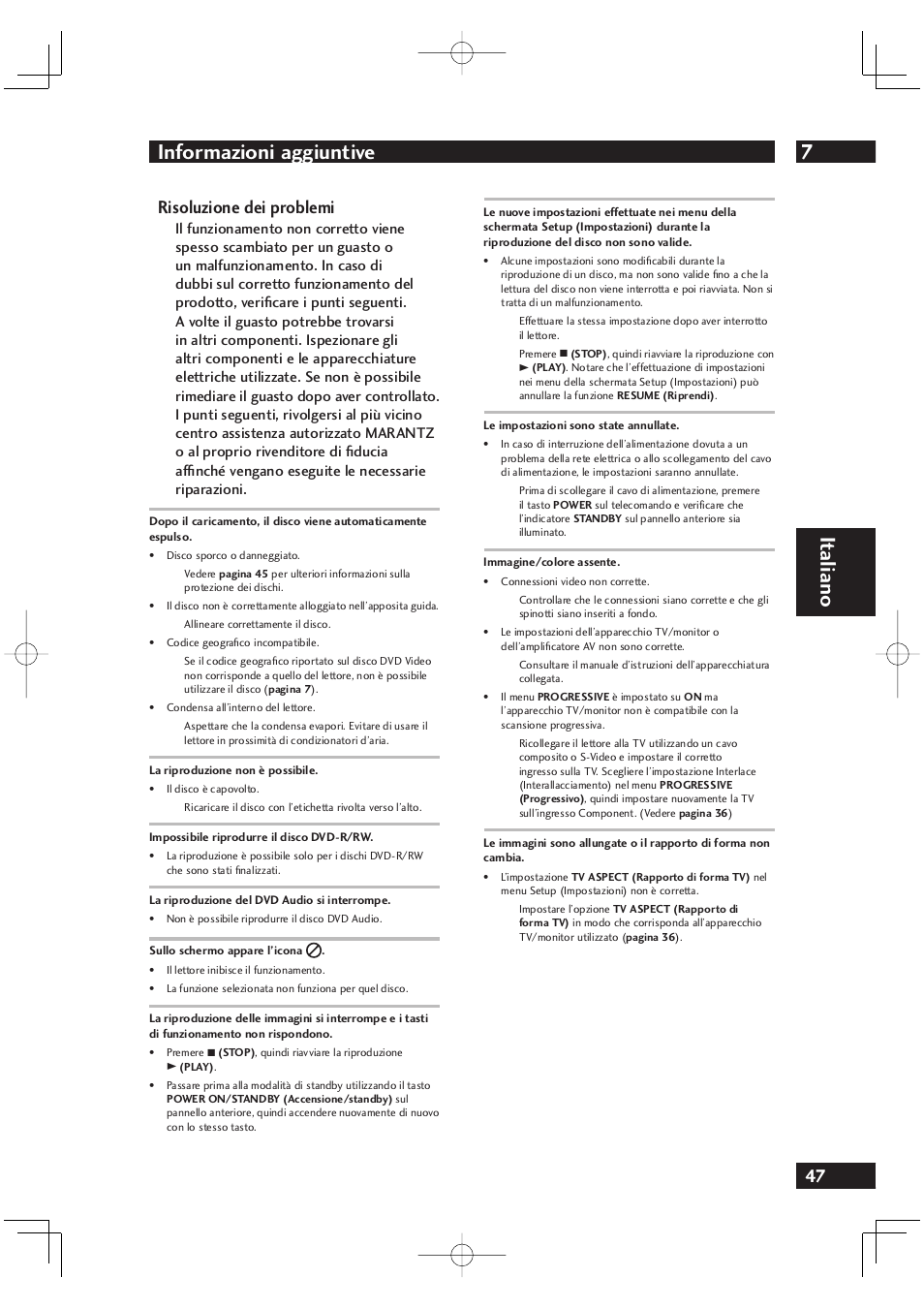 7informazioni aggiuntive, It aliano, Risoluzione dei problemi | Marantz DV4001N User Manual | Page 201 / 358