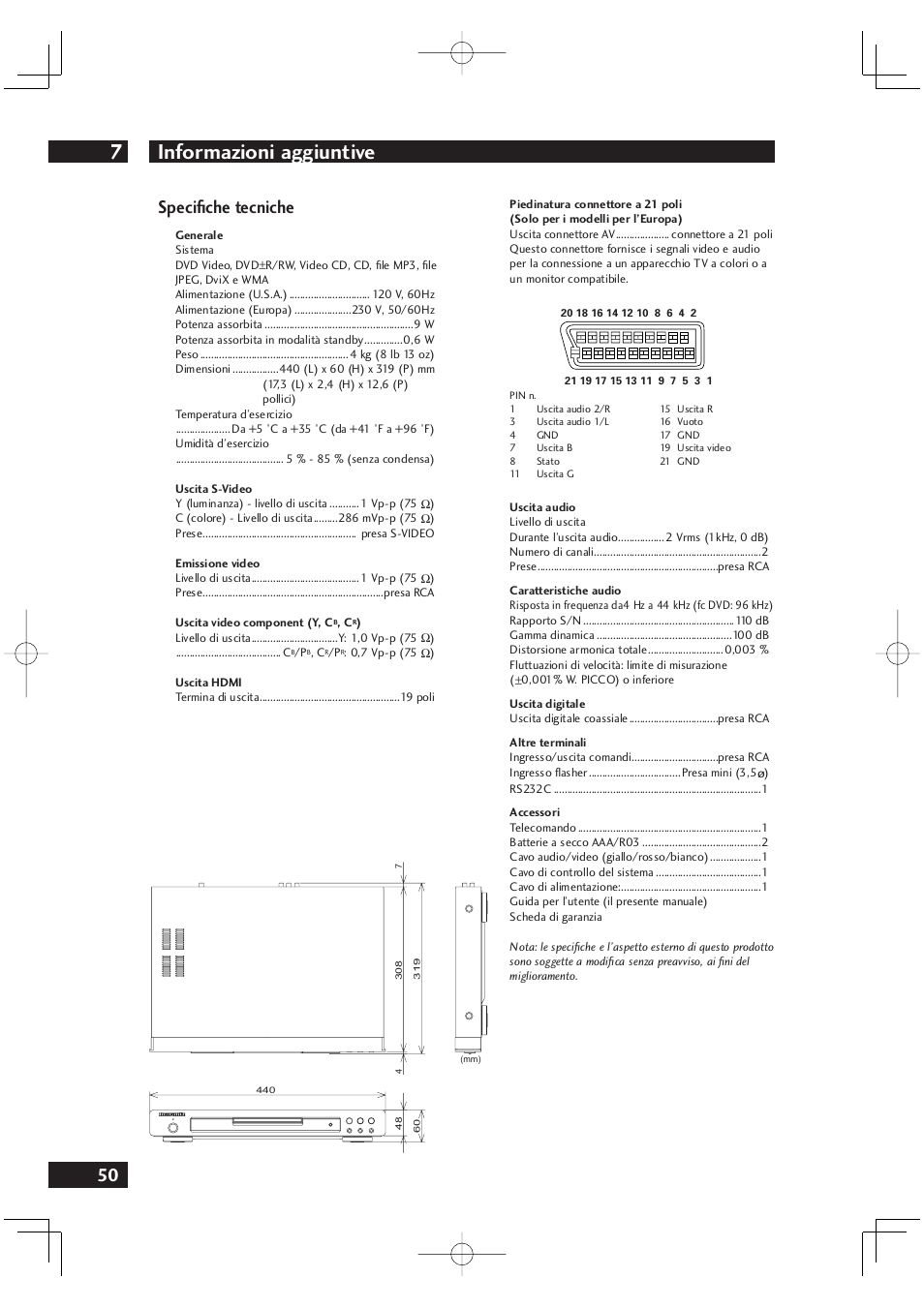 Informazioni aggiuntive 7, 50 speciﬁ che tecniche | Marantz DV4001N User Manual | Page 204 / 358