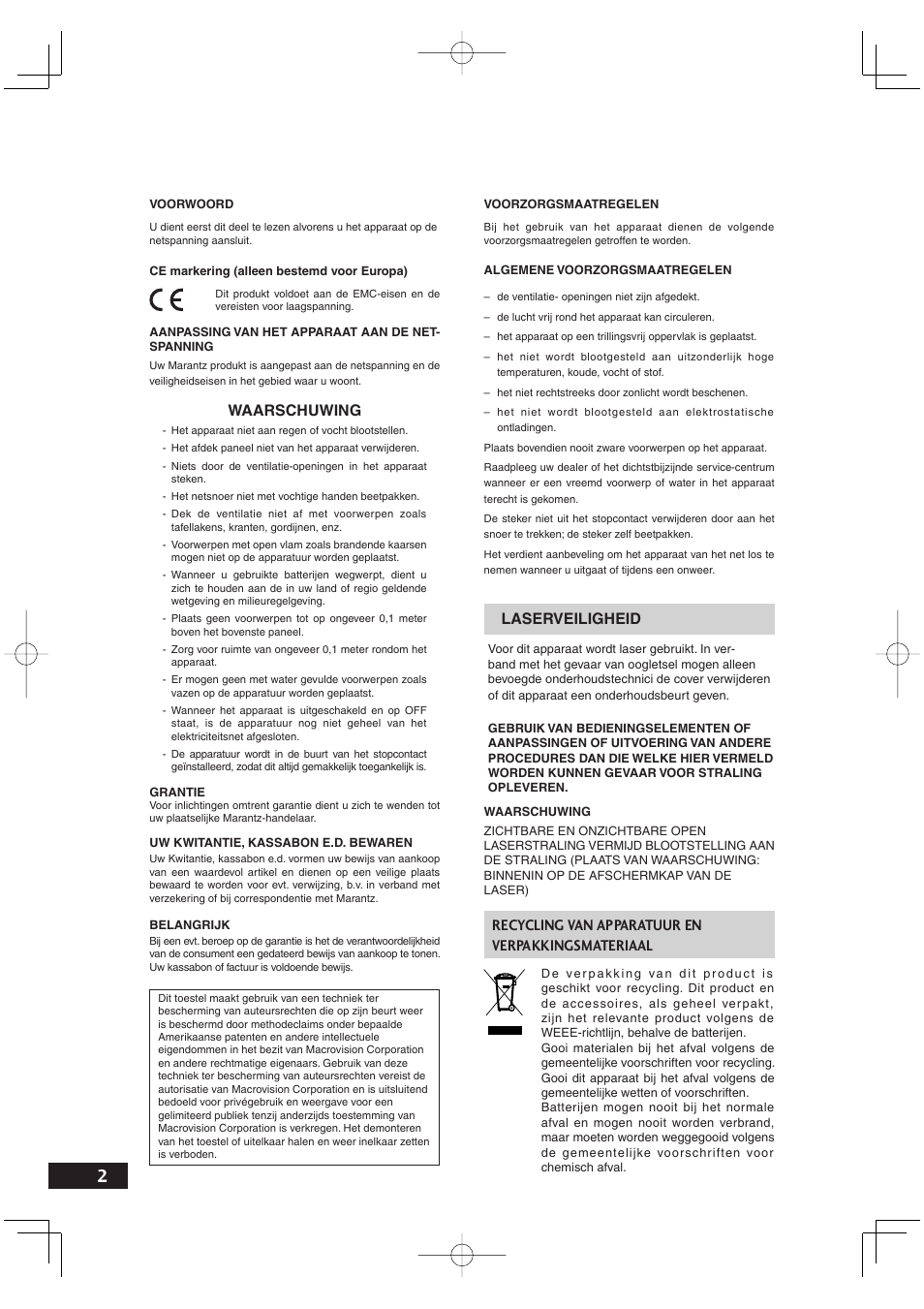 Recycling van apparatuur en verpakkingsmateriaal, Waarschuwing, Laserveiligheid | Marantz DV4001N User Manual | Page 206 / 358