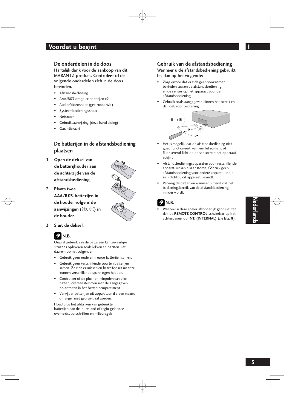 1voordat u begint, Nederlands, De onderdelen in de doos | De batterijen in de afstandsbediening plaatsen, Gebruik van de afstandsbediening | Marantz DV4001N User Manual | Page 209 / 358