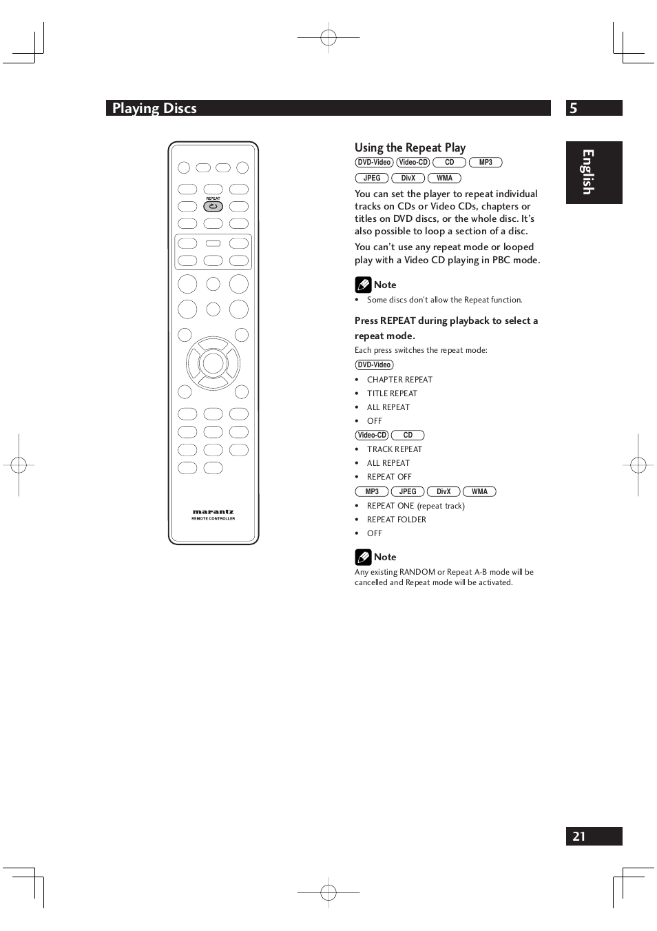 5playing discs, English, Using the repeat play | Marantz DV4001N User Manual | Page 21 / 358