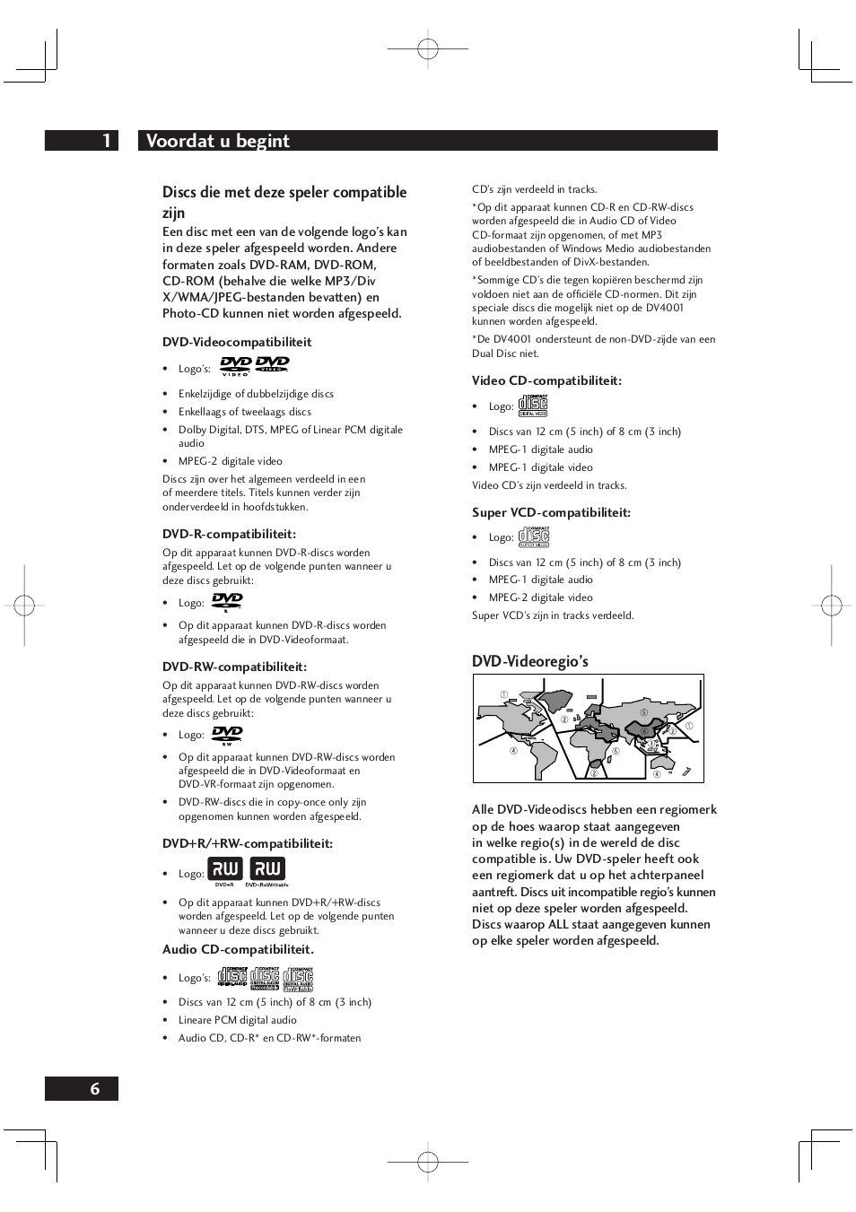 Voordat u begint 1, 6dvd-videoregio’s, Discs die met deze speler compatible zijn | Marantz DV4001N User Manual | Page 210 / 358