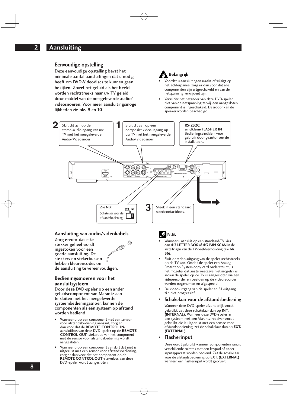 Aansluiting 2, Eenvoudige opstelling, Aansluiting van audio/videokabels | Bedieningssnoeren voor het aansluitsysteem, Schakelaar voor de afstandsbediening, Flasherinput | Marantz DV4001N User Manual | Page 212 / 358