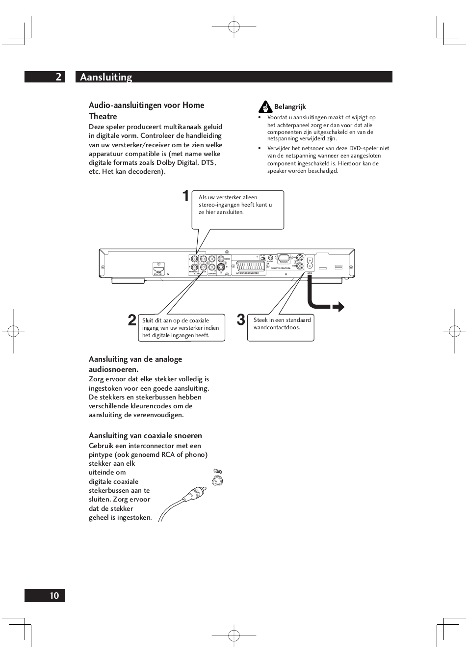 Aansluiting 2, Audio-aansluitingen voor home theatre, Aansluiting van de analoge audiosnoeren | Aansluiting van coaxiale snoeren | Marantz DV4001N User Manual | Page 214 / 358