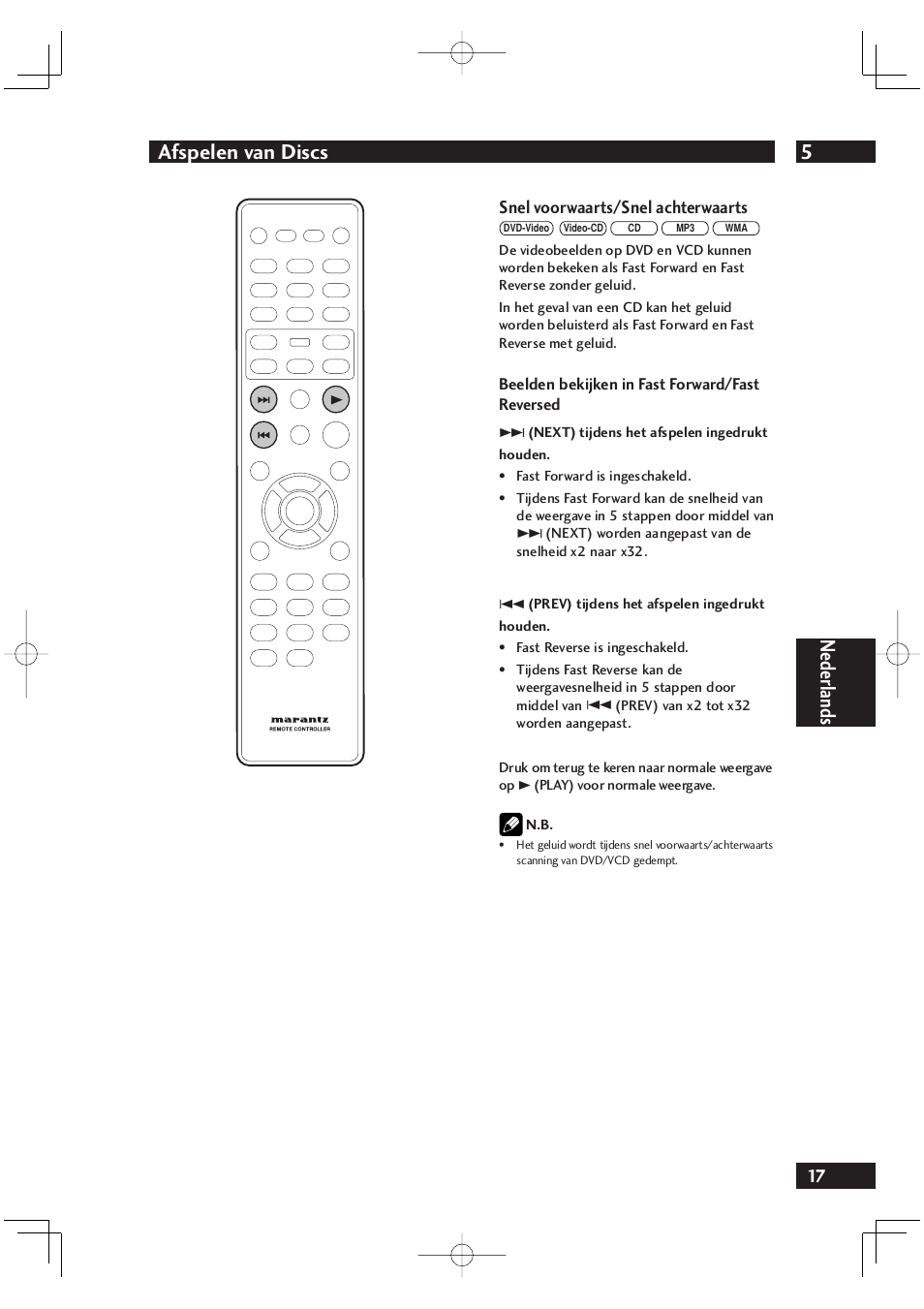 5afspelen van discs, Nederlands, Snel voorwaarts/snel achterwaarts | Marantz DV4001N User Manual | Page 221 / 358