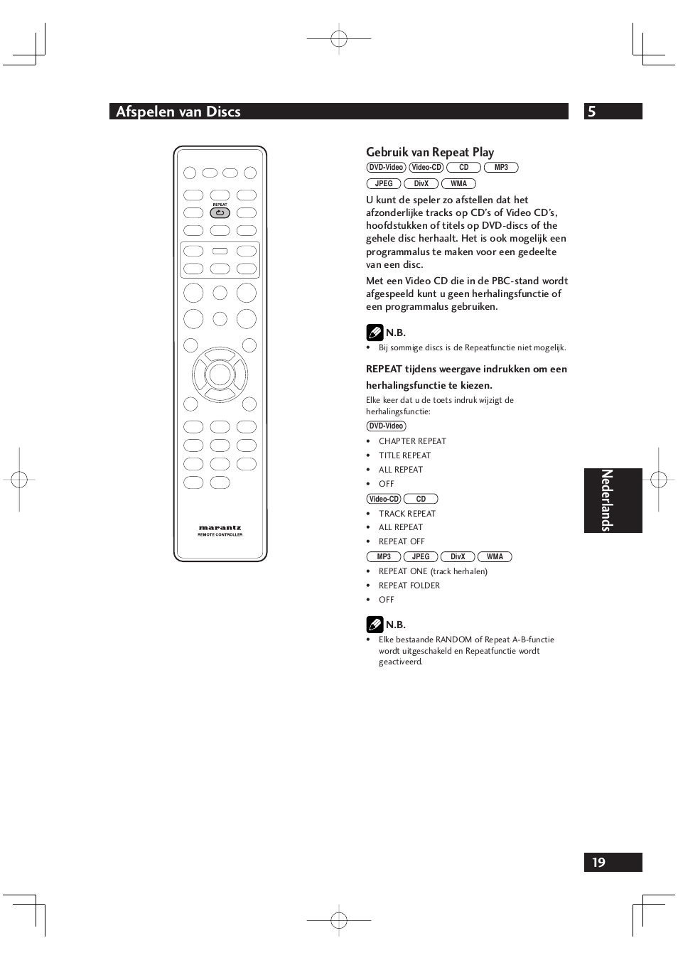 5afspelen van discs, Nederlands, Gebruik van repeat play | Marantz DV4001N User Manual | Page 223 / 358