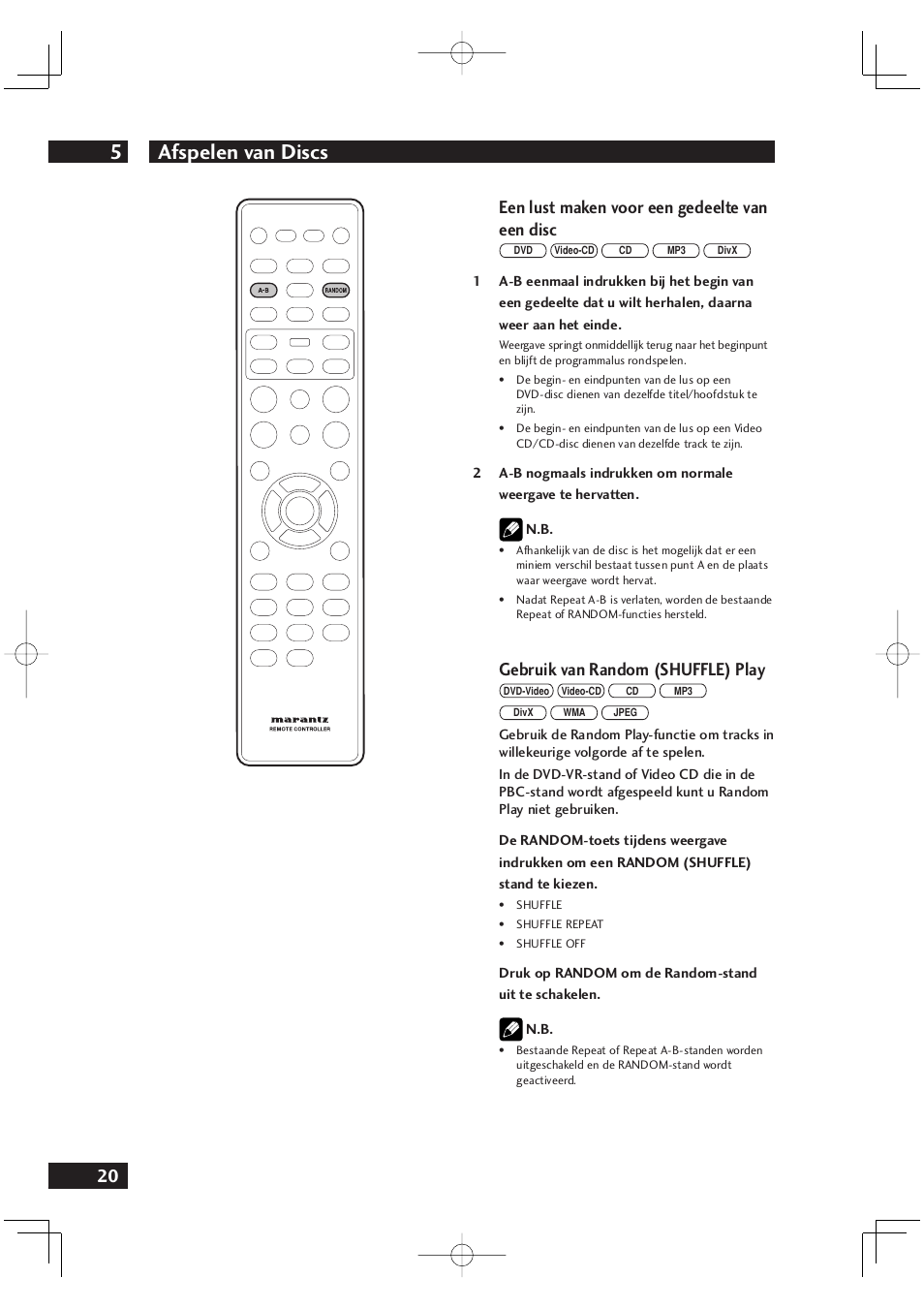 Afspelen van discs 5, 20 een lust maken voor een gedeelte van een disc, Gebruik van random (shuffle) play | Marantz DV4001N User Manual | Page 224 / 358