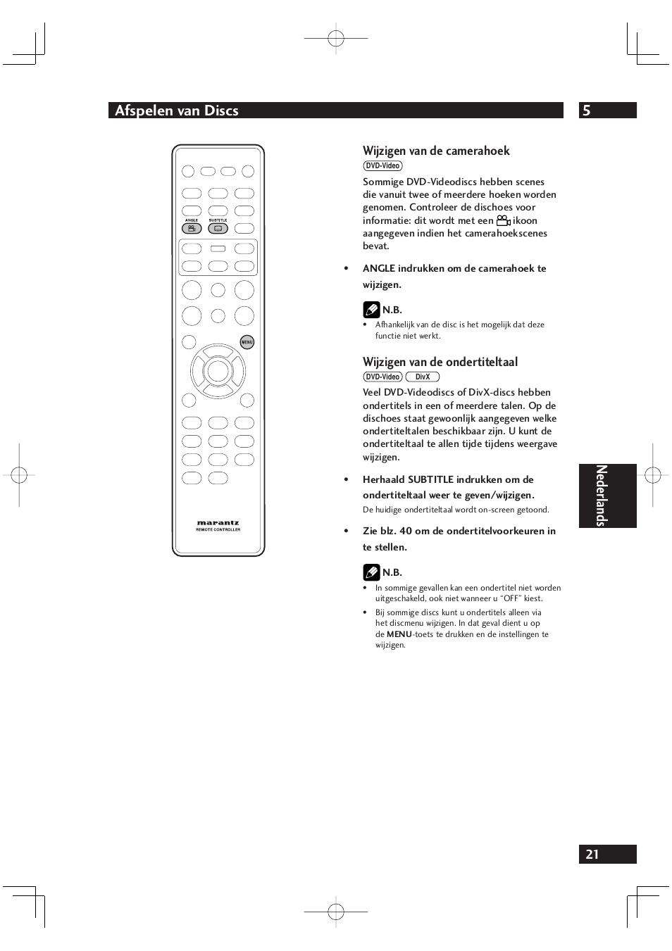 5afspelen van discs, Nederlands, Wijzigen van de camerahoek | Wijzigen van de ondertiteltaal | Marantz DV4001N User Manual | Page 225 / 358