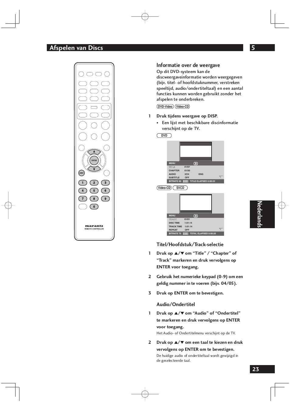 5afspelen van discs, Nederlands, Informatie over de weergave | Titel/hoofdstuk/track-selectie, Audio/ondertitel | Marantz DV4001N User Manual | Page 227 / 358