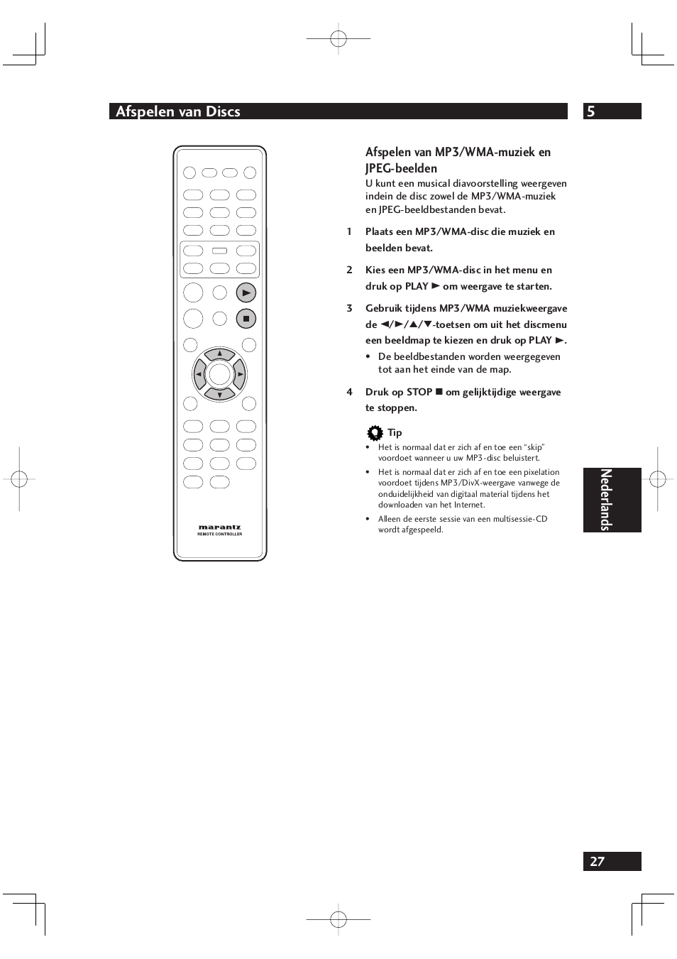 5afspelen van discs, Nederlands, Afspelen van mp3/wma-muziek en jpeg-beelden | Marantz DV4001N User Manual | Page 231 / 358