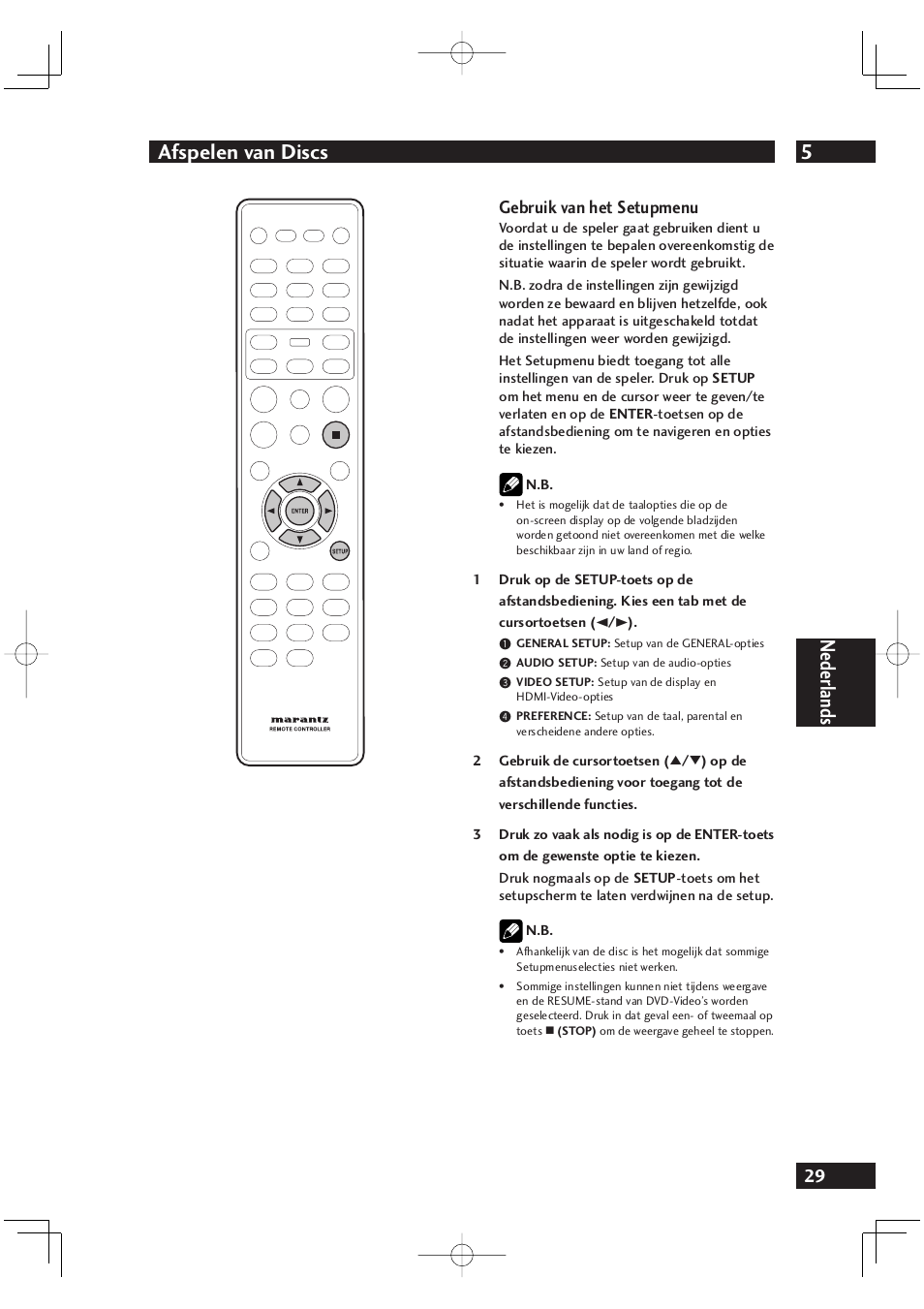 5afspelen van discs, Nederlands, Gebruik van het setupmenu | Marantz DV4001N User Manual | Page 233 / 358