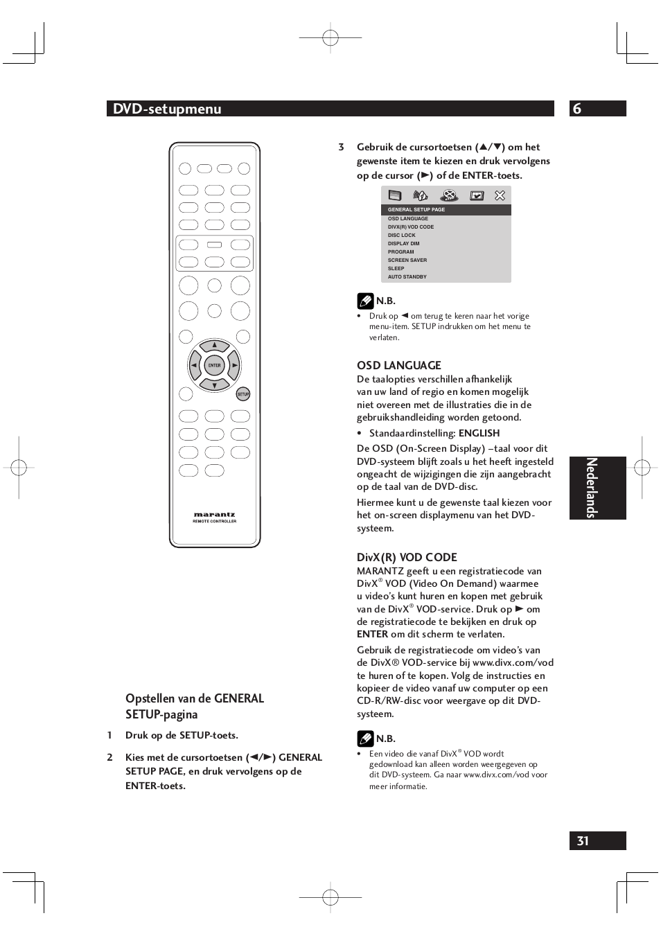 6dvd-setupmenu, Nederlands, Opstellen van de general setup-pagina | Osd language, Divx(r) vod code | Marantz DV4001N User Manual | Page 235 / 358