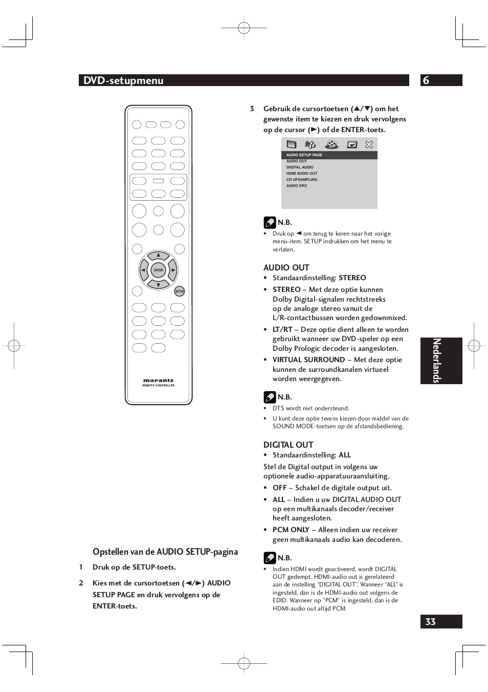 6dvd-setupmenu, Nederlands, Opstellen van de audio setup-pagina | Marantz DV4001N User Manual | Page 237 / 358