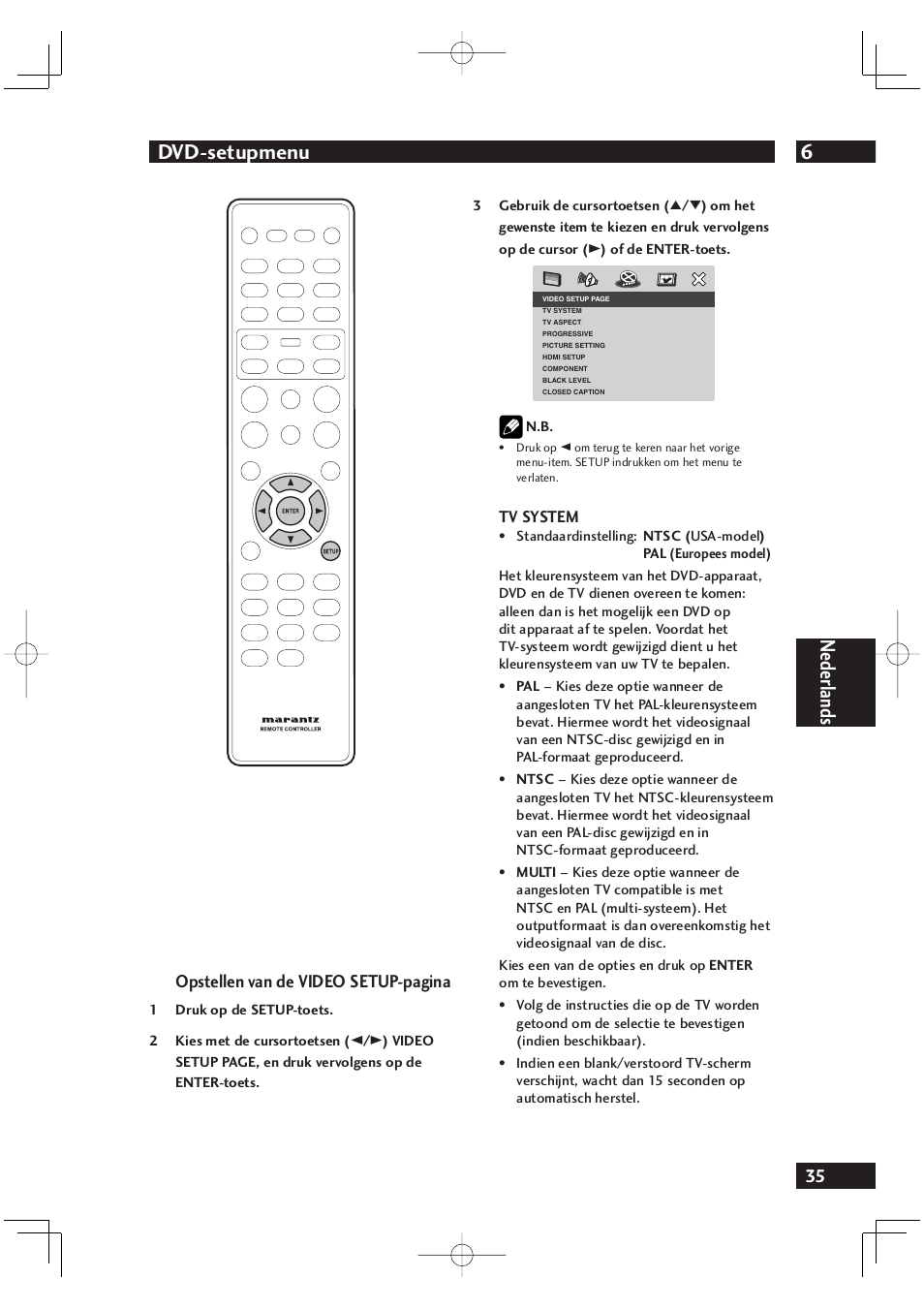 6dvd-setupmenu, Nederlands, Opstellen van de video setup-pagina | Marantz DV4001N User Manual | Page 239 / 358