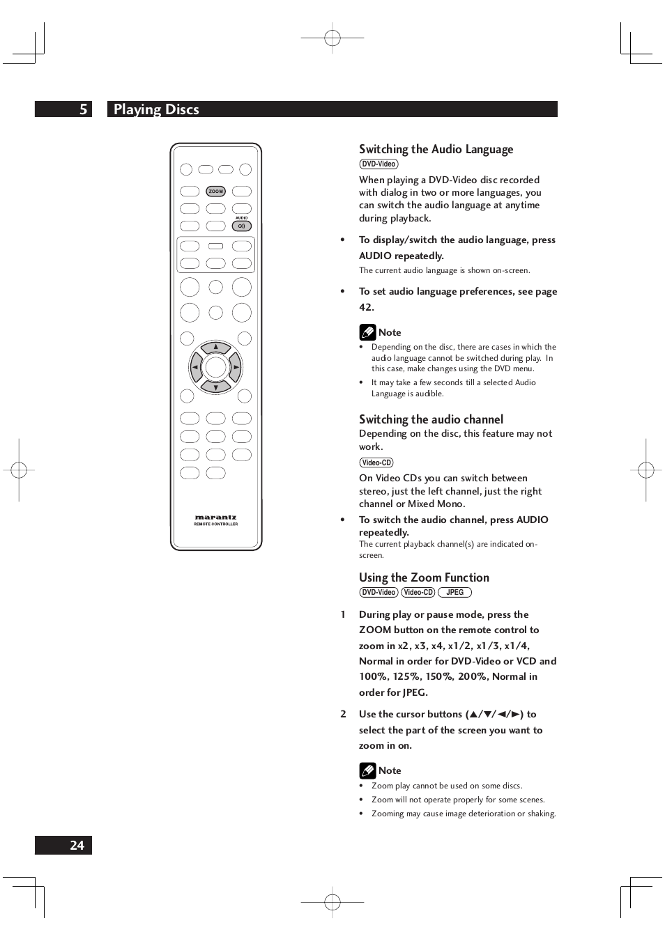 Playing discs 5, 24 switching the audio language, Switching the audio channel | Using the zoom function | Marantz DV4001N User Manual | Page 24 / 358