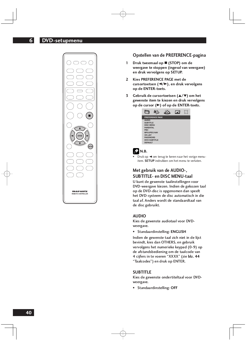 Dvd-setupmenu 6, 40 opstellen van de preference-pagina | Marantz DV4001N User Manual | Page 244 / 358