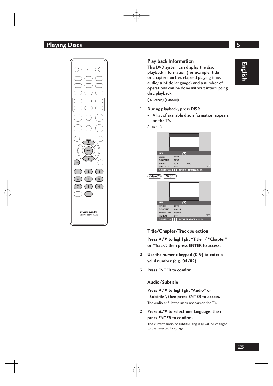 5playing discs, English, Play back information | Title/chapter/track selection, Audio/subtitle | Marantz DV4001N User Manual | Page 25 / 358