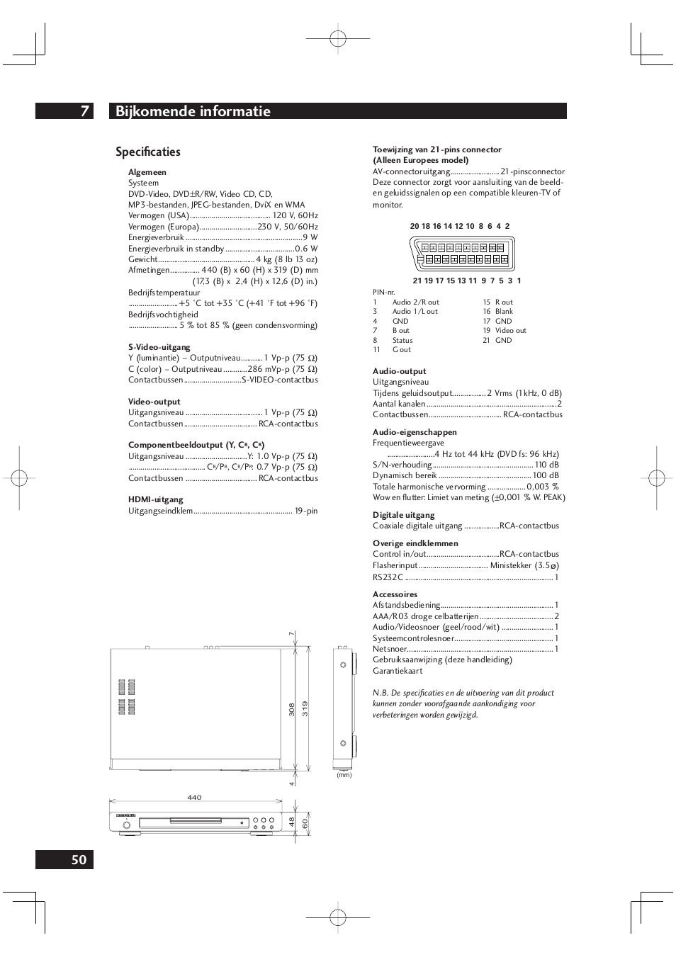 Bijkomende informatie 7, 50 speciﬁ caties | Marantz DV4001N User Manual | Page 254 / 358