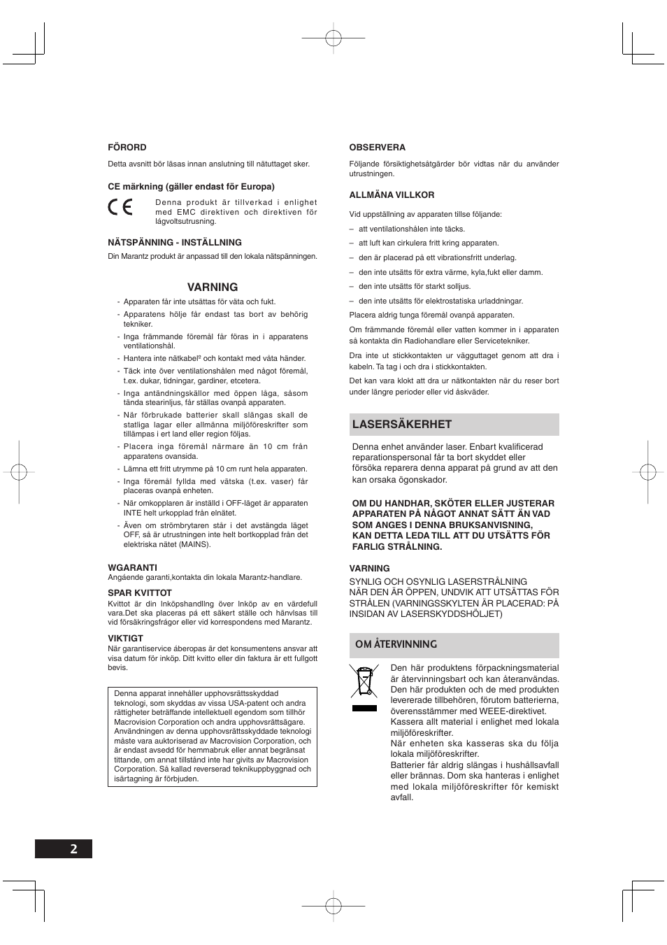 Om återvinning, Varning, Lasersäkerhet | Marantz DV4001N User Manual | Page 256 / 358