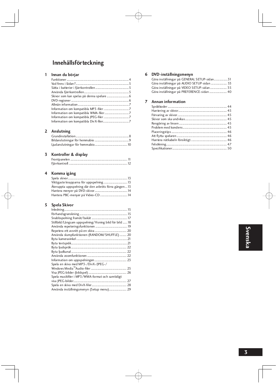 Sv ensk a innehållsförteckning | Marantz DV4001N User Manual | Page 257 / 358