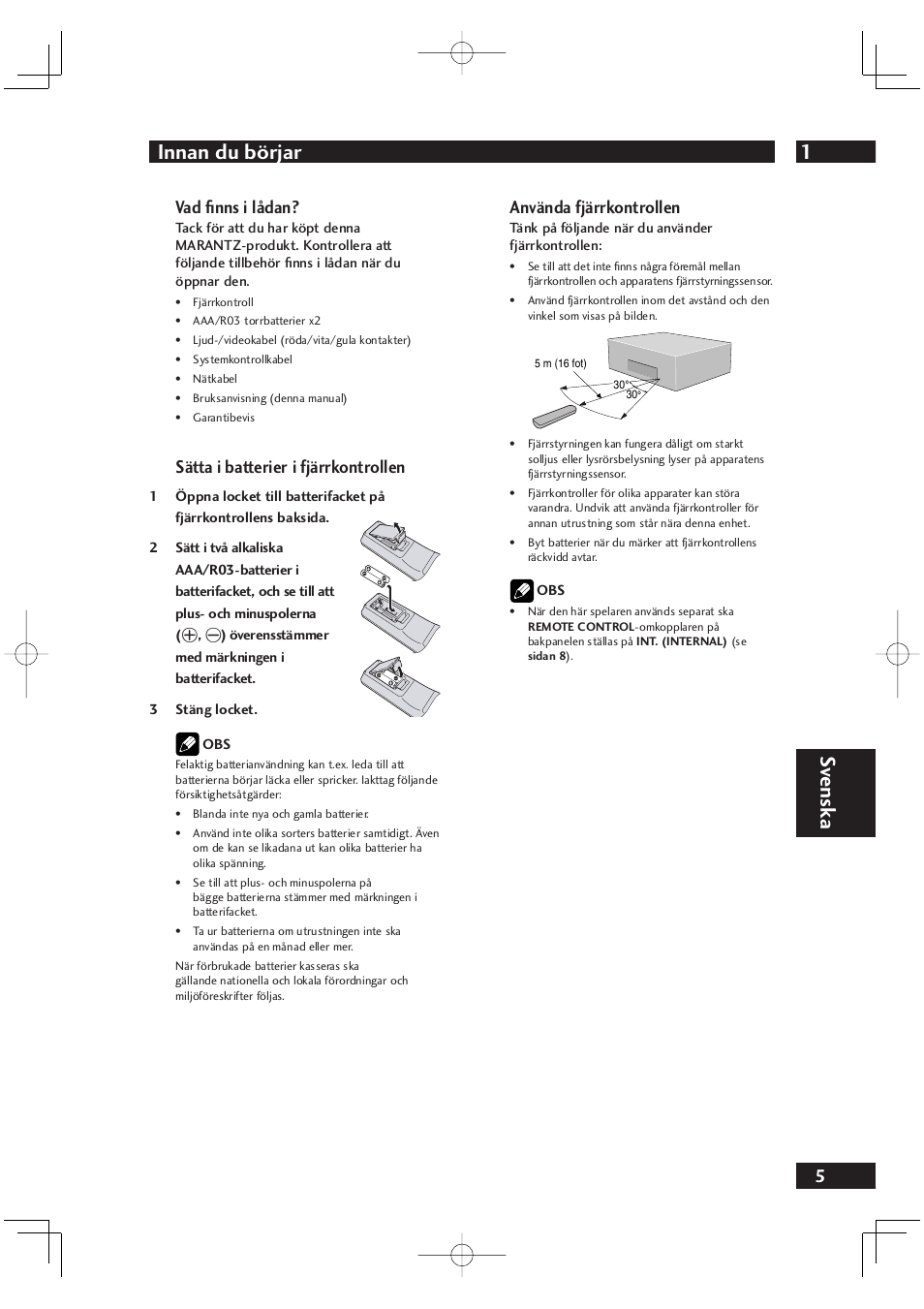1innan du börjar, Sv ensk a, Vad ﬁ nns i lådan | Sätta i batterier i fjärrkontrollen, Använda fjärrkontrollen | Marantz DV4001N User Manual | Page 259 / 358