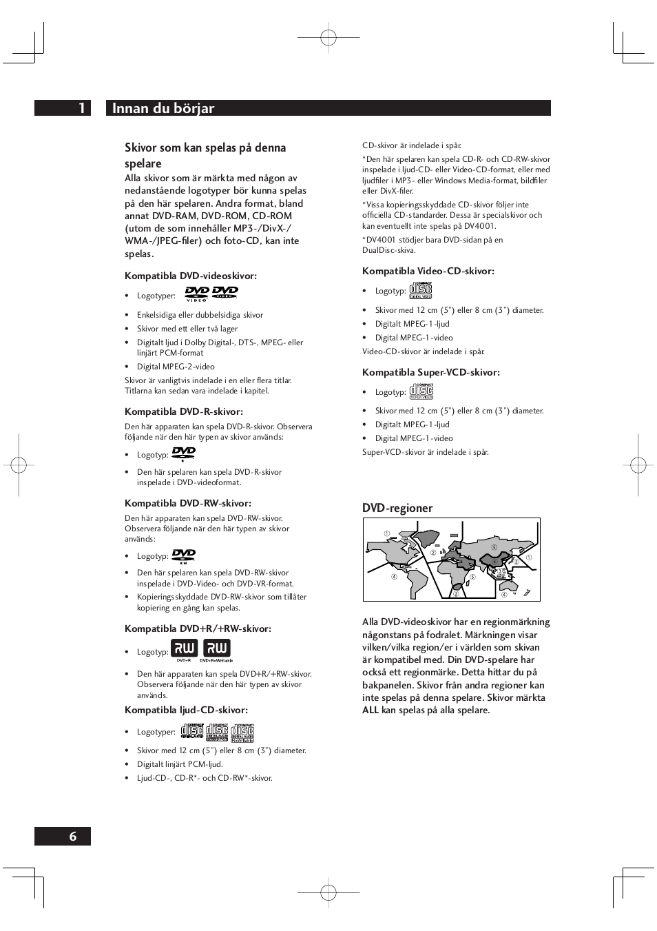 Innan du börjar 1, 6dvd-regioner, Skivor som kan spelas på denna spelare | Marantz DV4001N User Manual | Page 260 / 358