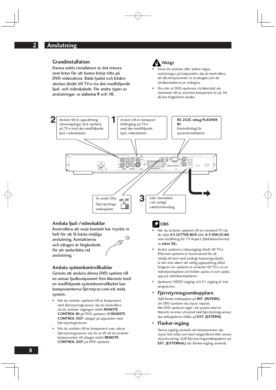 Anslutning 2, Grundinstallation, Ansluta ljud-/videokablar | Ansluta systemkontrollkablar, Fjärrstyrningsomkopplare, Flasher-ingång | Marantz DV4001N User Manual | Page 262 / 358