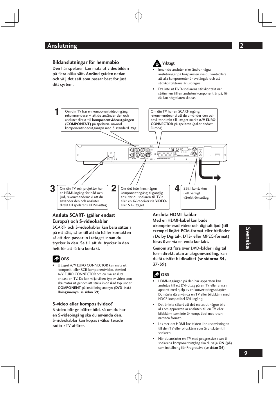 2anslutning, Sv ensk a, Bildanslutningar för hemmabio | S-video eller kompositvideo, Ansluta hdmi-kablar, Viktigt | Marantz DV4001N User Manual | Page 263 / 358