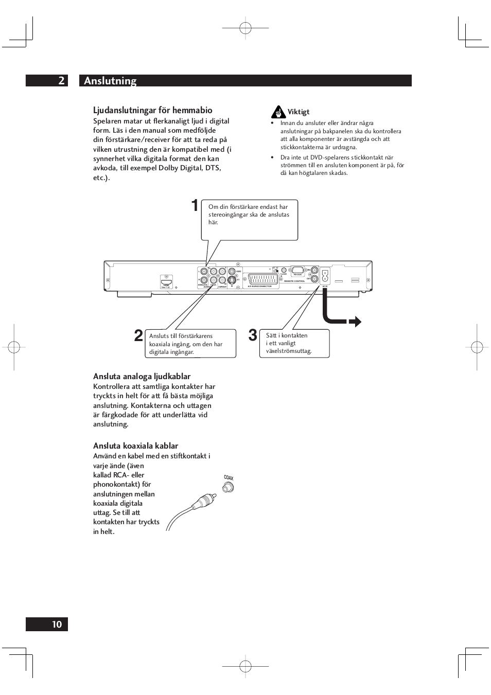 Anslutning 2, Ljudanslutningar för hemmabio, Ansluta analoga ljudkablar | Ansluta koaxiala kablar | Marantz DV4001N User Manual | Page 264 / 358