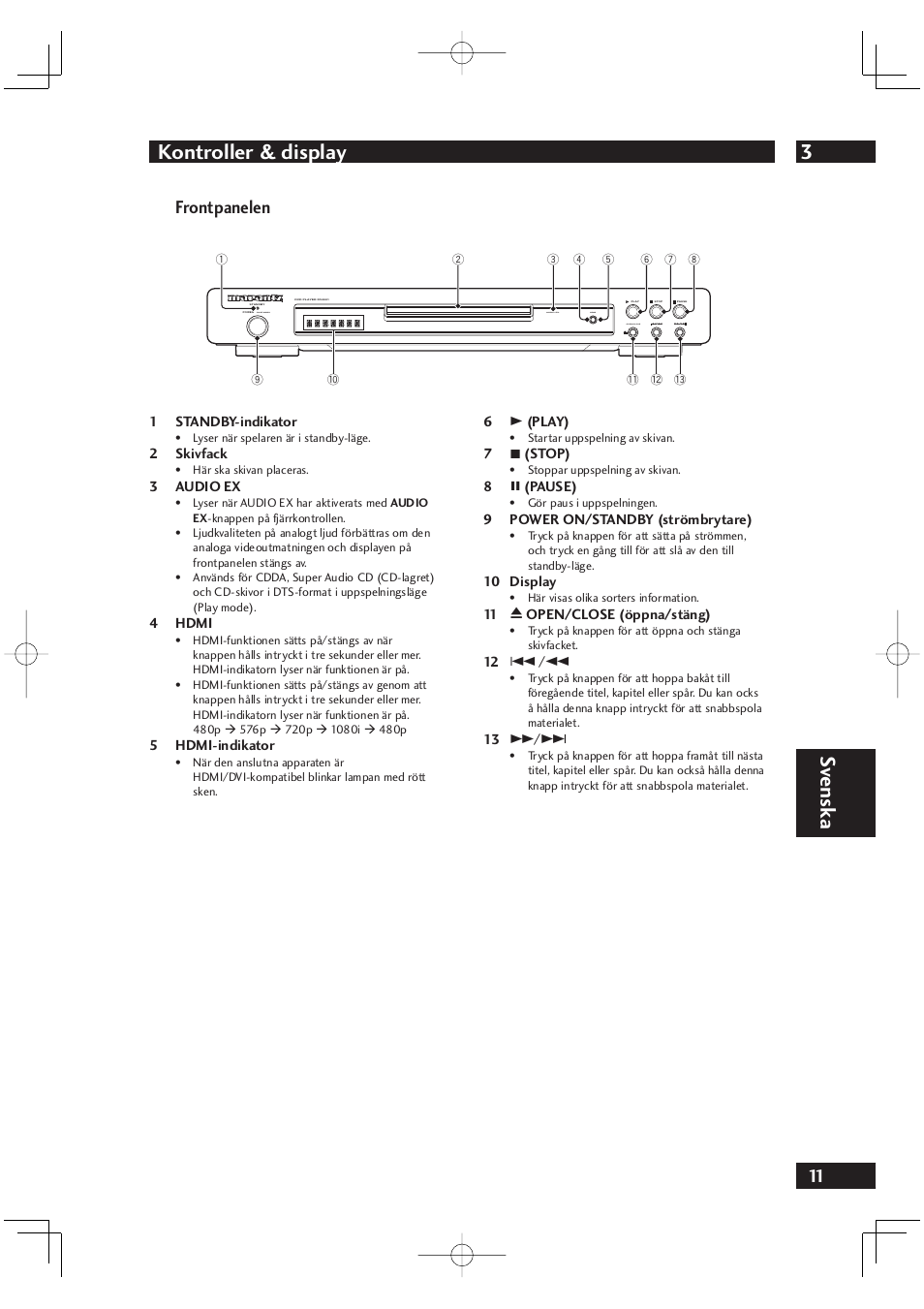 3kontroller & display, Sv ensk a, Frontpanelen | Marantz DV4001N User Manual | Page 265 / 358
