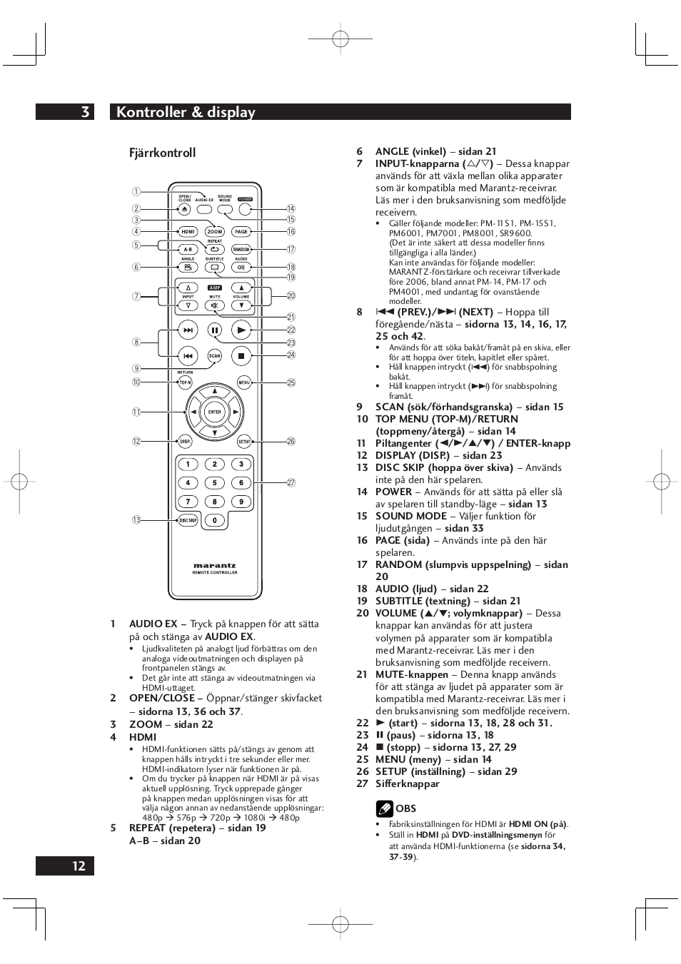 Kontroller & display 3, 12 fjärrkontroll | Marantz DV4001N User Manual | Page 266 / 358