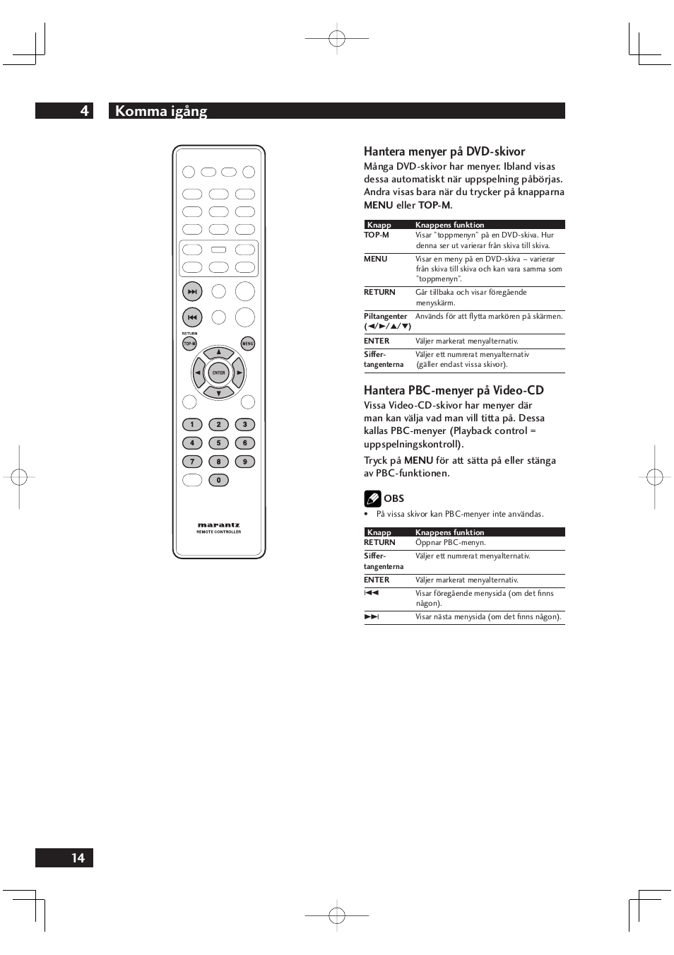 Komma igång 4, 14 hantera menyer på dvd-skivor, Hantera pbc-menyer på video-cd | Marantz DV4001N User Manual | Page 268 / 358