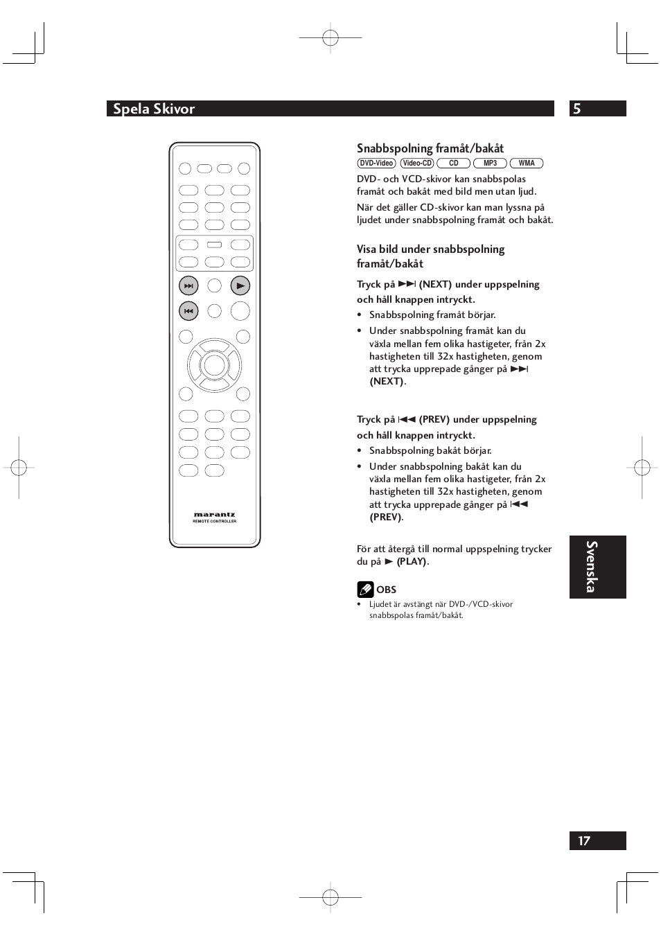 5spela skivor, Sv ensk a, Snabbspolning framåt/bakåt | Marantz DV4001N User Manual | Page 271 / 358
