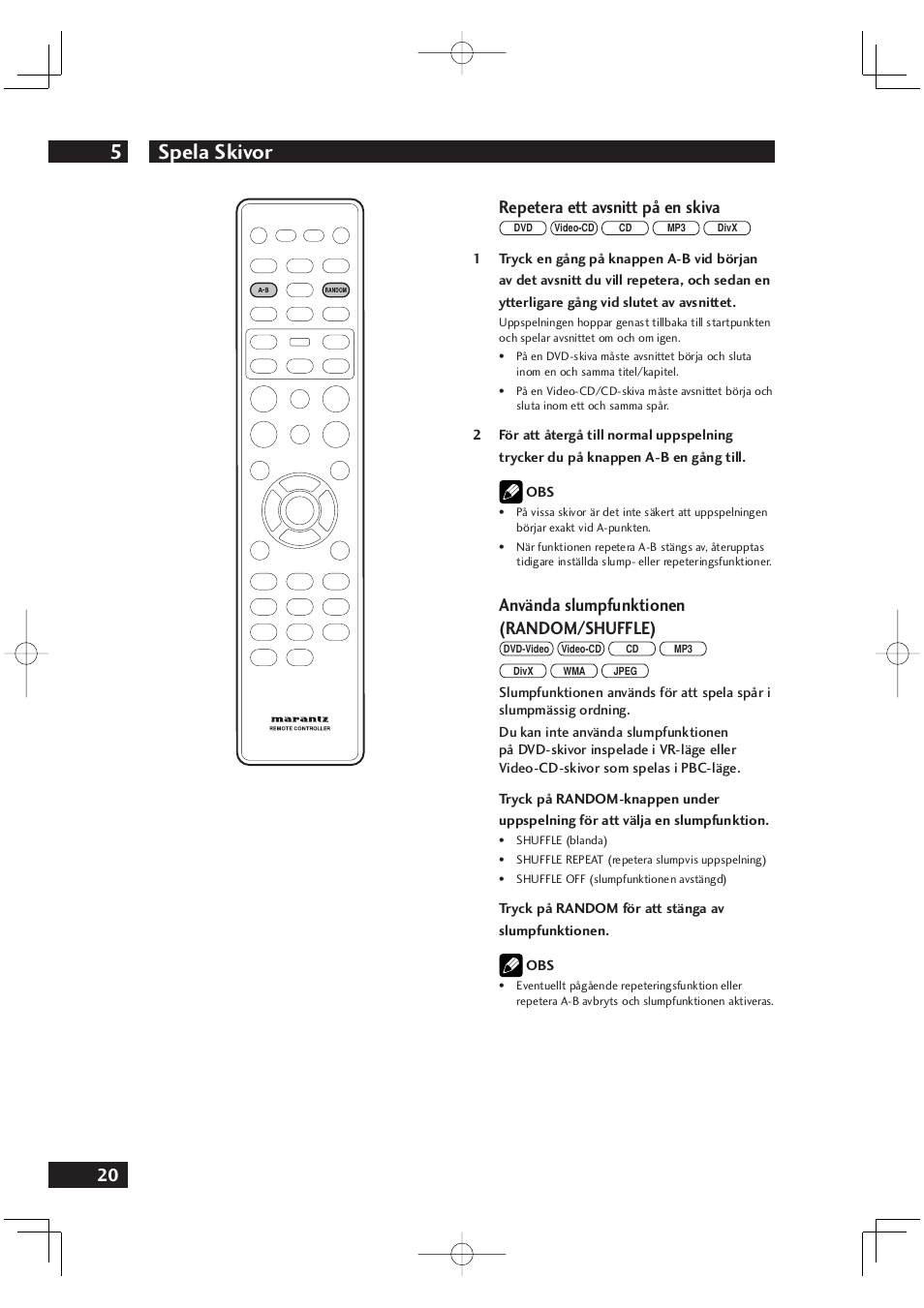 Spela skivor 5, 20 repetera ett avsnitt på en skiva, Använda slumpfunktionen (random/shuffle) | Marantz DV4001N User Manual | Page 274 / 358